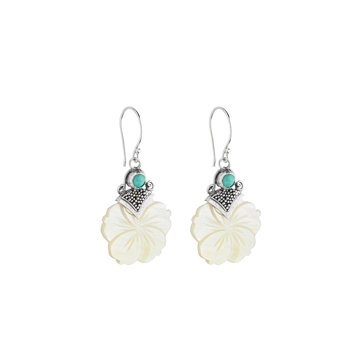 Brinco de Prata Bali Pedra Natural Turquesa Flor Madrepérola