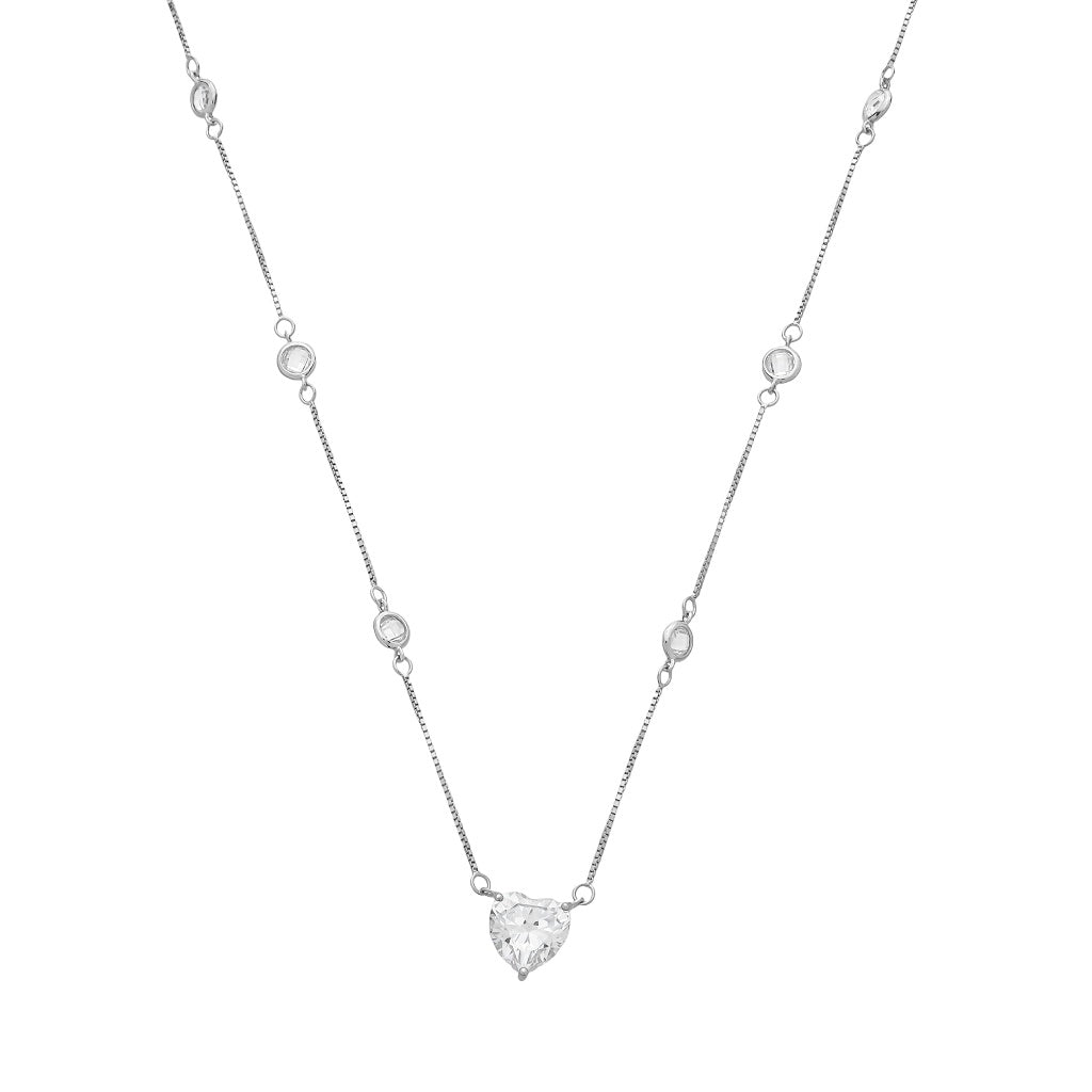colar em prata 925, pingente coração, com zircônia, azul