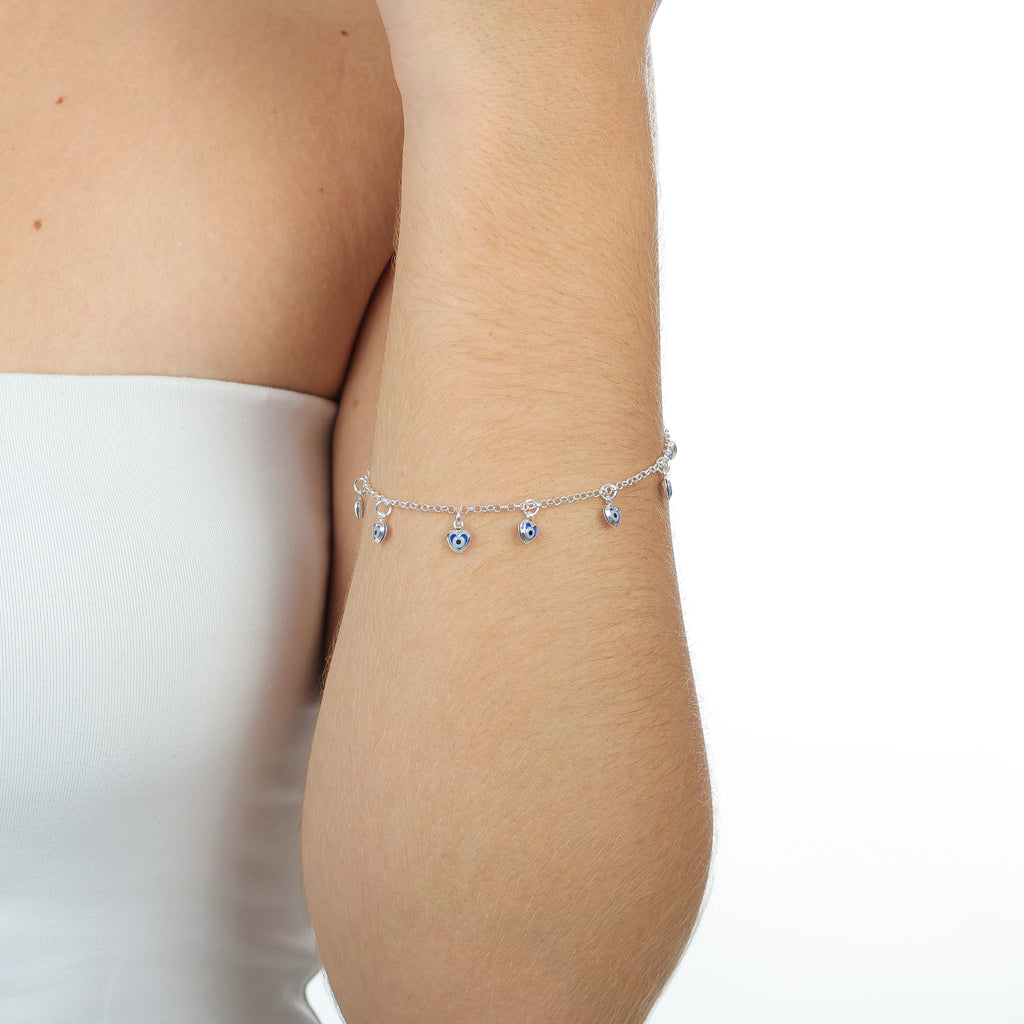 Pulseira de Prata 925 Olho Grego Corações