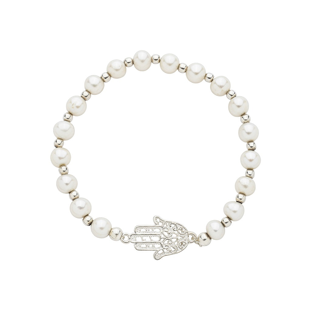Pulseira Pérolas com Pingente de Mão de Fátima em Prata - Lupita